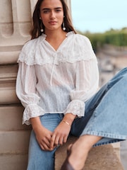 Ivory Sheer Cape Tie Neck Embroidered Blouse - Image 2 of 6