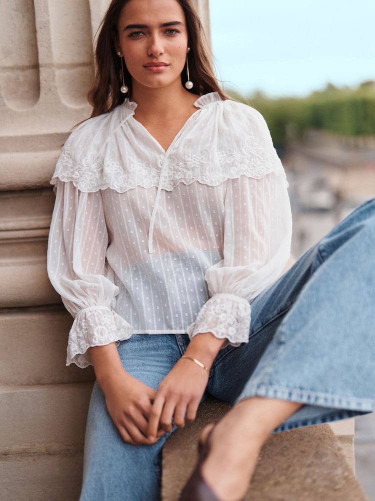 Ivory Sheer Cape Tie Neck Embroidered Blouse - Image 2 of 6
