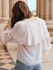 Ivory Sheer Cape Tie Neck Embroidered Blouse - Image 3 of 6