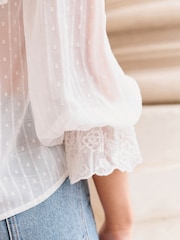 Ivory Sheer Cape Tie Neck Embroidered Blouse - Image 4 of 6