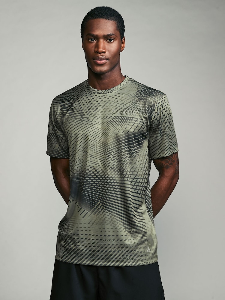 Khaki Green Active Gym Printed Training T-Shirt - Image 1 of 8
