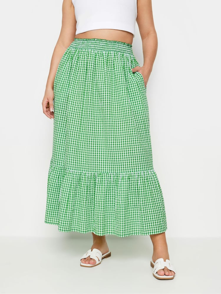 Yours Curve Green Gingham Tiered Pure 100% Cotton Midi Skirt - Image 2 of 6