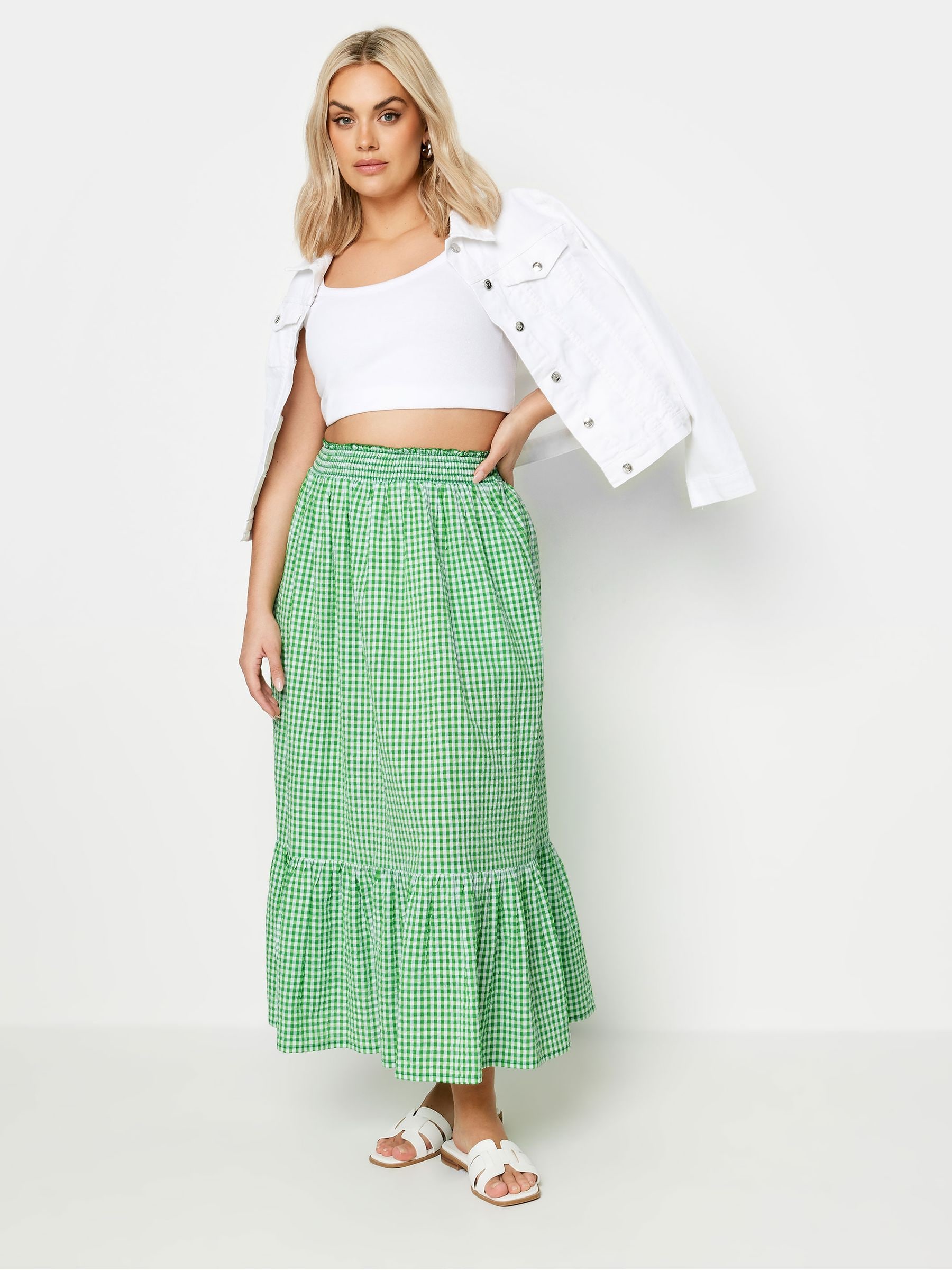 Buy Yours Curve Green Gingham Tiered Pure 100% Cotton Midi