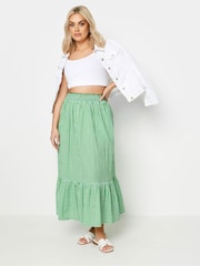 Yours Curve Green Gingham Tiered Pure 100% Cotton Midi Skirt - Image 3 of 6