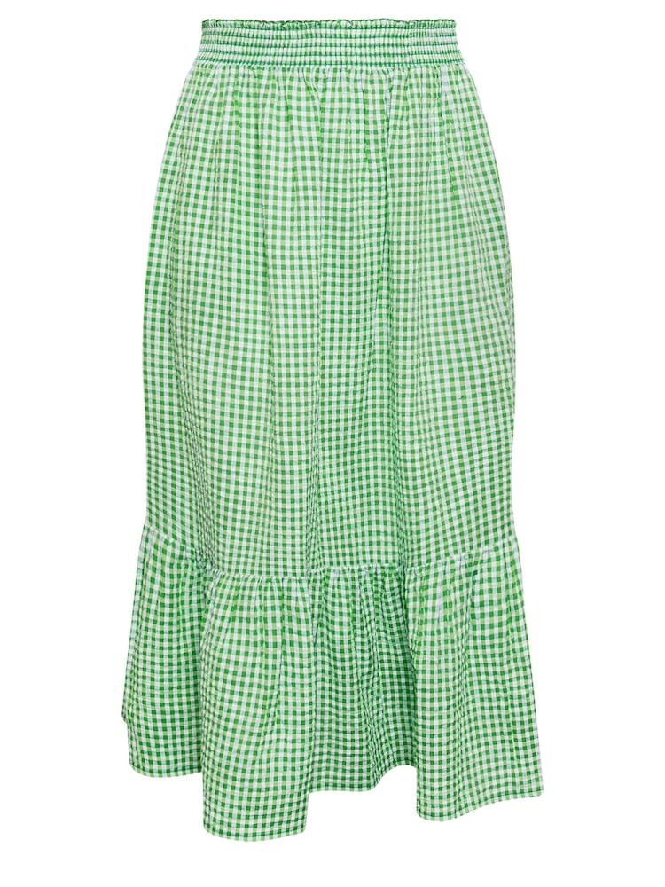 Yours Curve Green Gingham Tiered Pure 100% Cotton Midi Skirt - Image 6 of 6