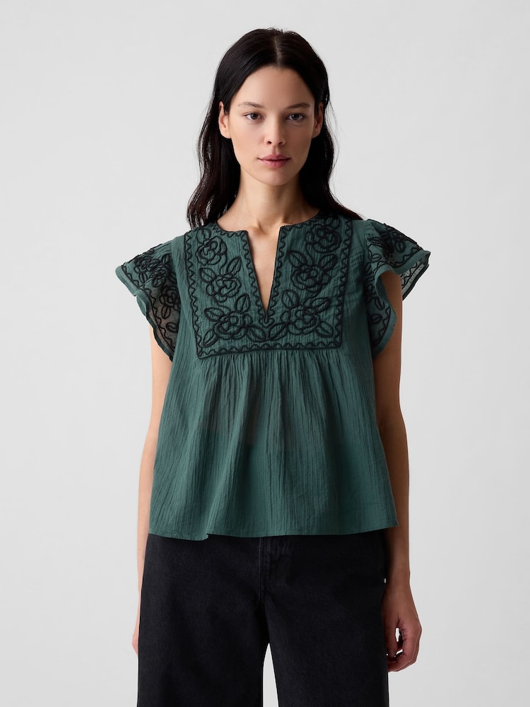 Gap Green Crinkle Gauze Embroidered Cropped Shirt - Image 1 of 5 Gap Green Crinkle Gauze Embroidered Cropped Shirt - Image 1 of 5