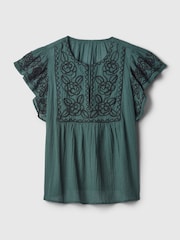 Gap Green Crinkle Gauze Embroidered Cropped Shirt - Image 5 of 5