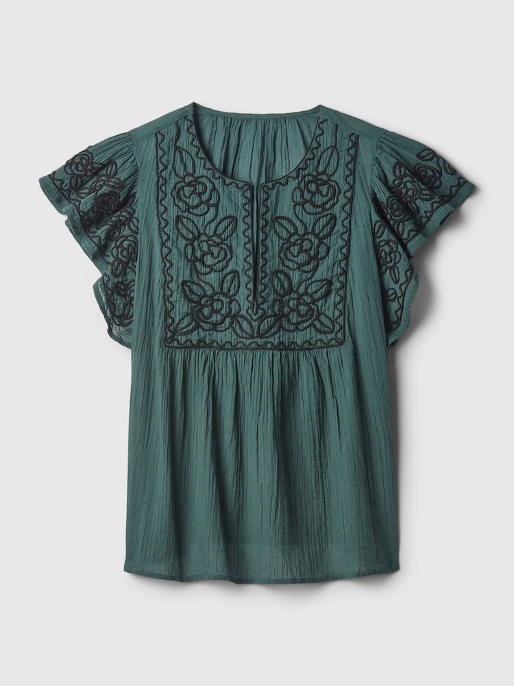 Gap Green Crinkle Gauze Embroidered Cropped Shirt - Image 5 of 5 Gap Green Crinkle Gauze Embroidered Cropped Shirt - Image 5 of 5