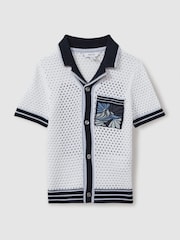 Reiss White/Blue Lucile 9-13 yrs Open-Stitch Embroidered Cuban Collar Shirt - Image 2 of 4