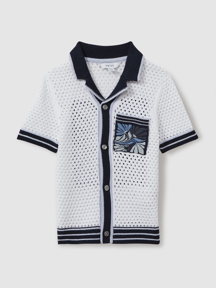 Reiss White/Blue Lucile 9-13 yrs Open-Stitch Embroidered Cuban Collar Shirt - Image 2 of 4