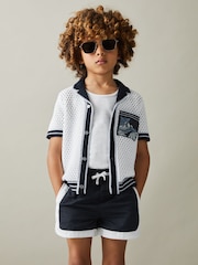 Reiss White/Blue Lucile 9-13 yrs Open-Stitch Embroidered Cuban Collar Shirt - Image 3 of 4