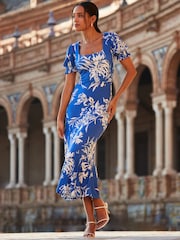 Sosandar Blue Floral Print Fluted Hem Midi Jersey Dress - Image 2 of 5