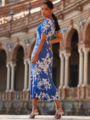 Sosandar Blue Floral Print Fluted Hem Midi Jersey Dress - Image 3 of 5