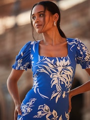 Sosandar Blue Floral Print Fluted Hem Midi Jersey Dress - Image 4 of 5