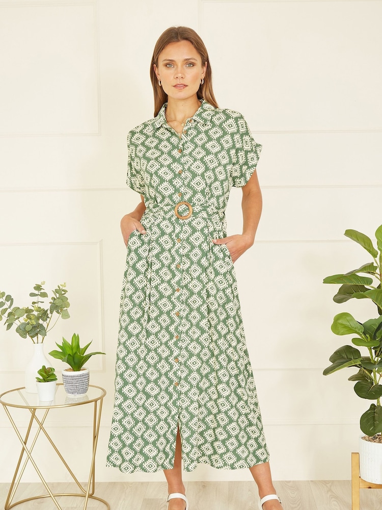 Yumi Green Viscose Midi Shirt Dress With Matching Belt - Image 1 of 5