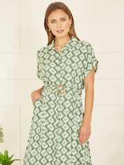 Yumi Green Viscose Midi Shirt Dress With Matching Belt - Image 3 of 5