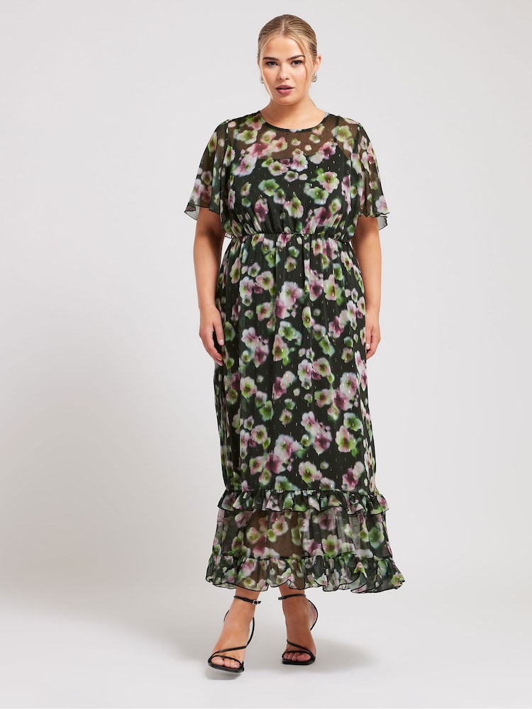 Yours Curve Black LONDON Floral Print Maxi Smock Dress - Image 1 of 5 Yours Curve Black LONDON Floral Print Maxi Smock Dress - Image 1 of 5