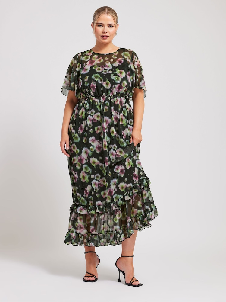 Yours Curve Black LONDON Floral Print Maxi Smock Dress - Image 2 of 5 Yours Curve Black LONDON Floral Print Maxi Smock Dress - Image 2 of 5