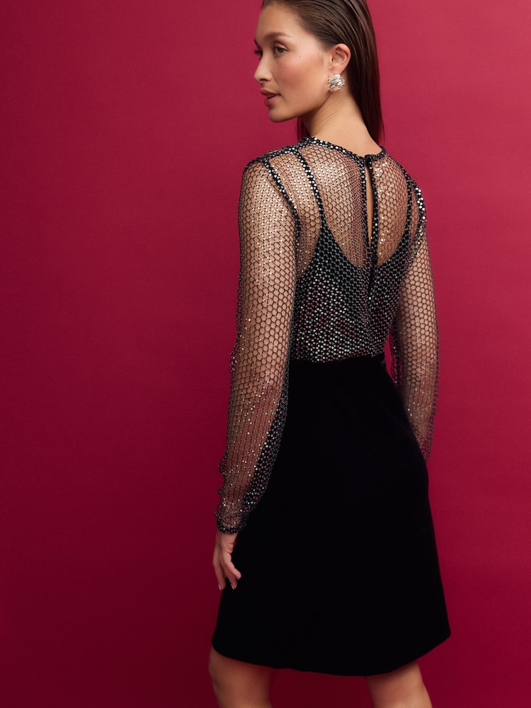 Black Long Sleeve Mesh Fishnet Sequin and Velvet Mini Dress - Image 2 of 7