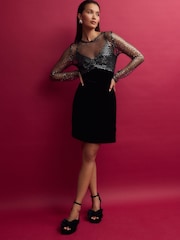 Black Long Sleeve Mesh Fishnet Sequin and Velvet Mini Dress - Image 3 of 7