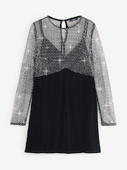 Black Long Sleeve Mesh Fishnet Sequin and Velvet Mini Dress - Image 5 of 7