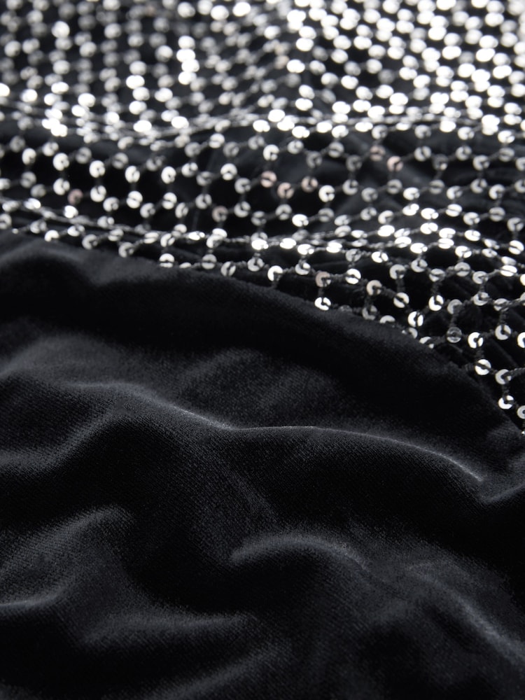 Black Long Sleeve Mesh Fishnet Sequin and Velvet Mini Dress - Image 7 of 7