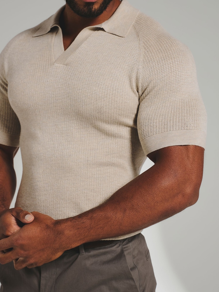 Tailored Athlete Natural Muscle Fit Square Textured Knitted Open Collar Polo Shirt - Image 1 of 7 Tailored Athlete Natural Muscle Fit Square Textured Knitted Open Collar Polo Shirt - Image 1 of 7