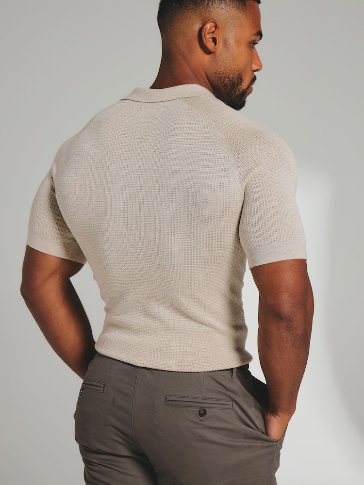 Tailored Athlete Natural Muscle Fit Square Textured Knitted Open Collar Polo Shirt - Image 2 of 7 Tailored Athlete Natural Muscle Fit Square Textured Knitted Open Collar Polo Shirt - Image 2 of 7