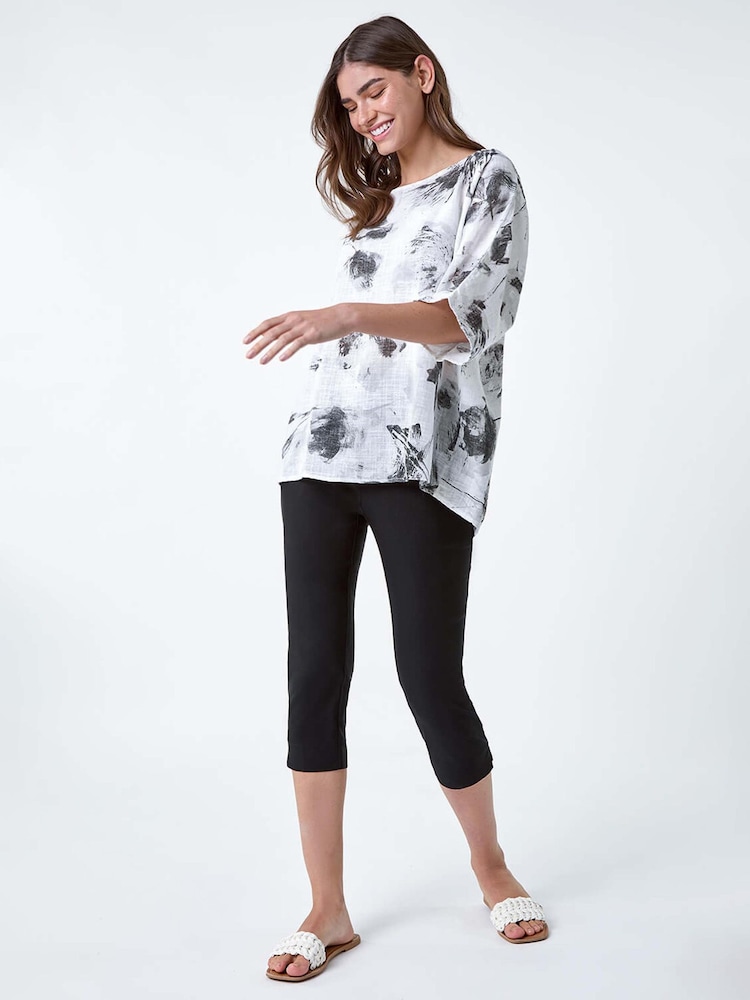 Roman White Sketchy Floral Print 100% Cotton Tunic Top - Image 1 of 5