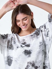 Roman White Sketchy Floral Print 100% Cotton Tunic Top - Image 2 of 5