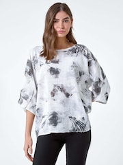 Roman White Sketchy Floral Print 100% Cotton Tunic Top - Image 4 of 5