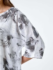 Roman White Sketchy Floral Print 100% Cotton Tunic Top - Image 5 of 5