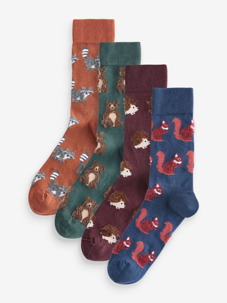 Green/Blue/Orange Hairy Textured Animals Socks 4 Pack - Image 1 of 7