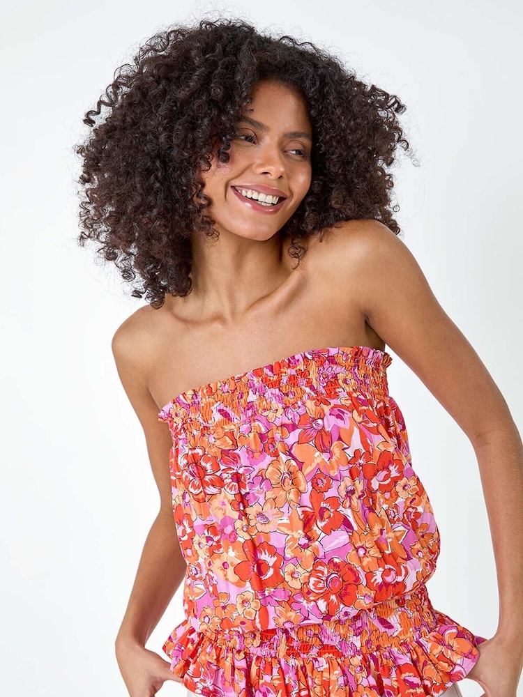 Dusk Orange Floral Print Stretch Bandeau Top - Image 1 of 5