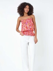 Dusk Orange Floral Print Stretch Bandeau Top - Image 2 of 5