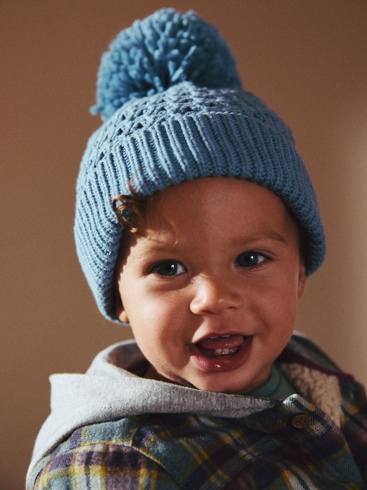 Blue Baby Waffle Pom Hat (0mths-2yrs) - Image 1 of 1