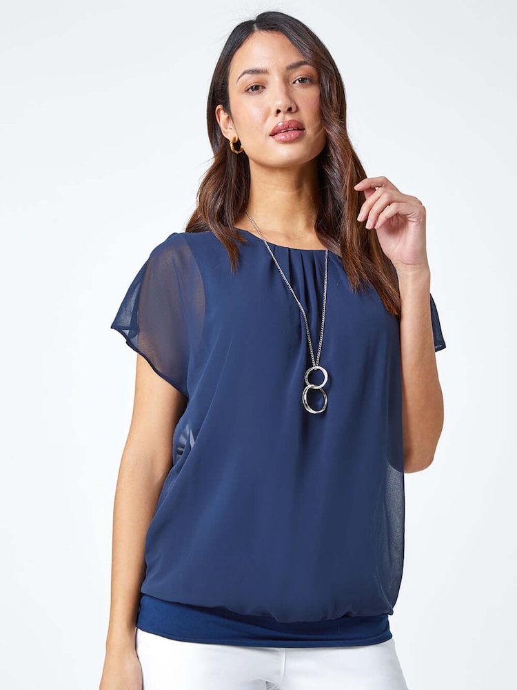 Roman Navy Blue Chiffon Jersey Blouson Top with Necklace - Image 1 of 5