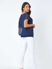 Roman Navy Blue Chiffon Jersey Blouson Top with Necklace - Image 2 of 5