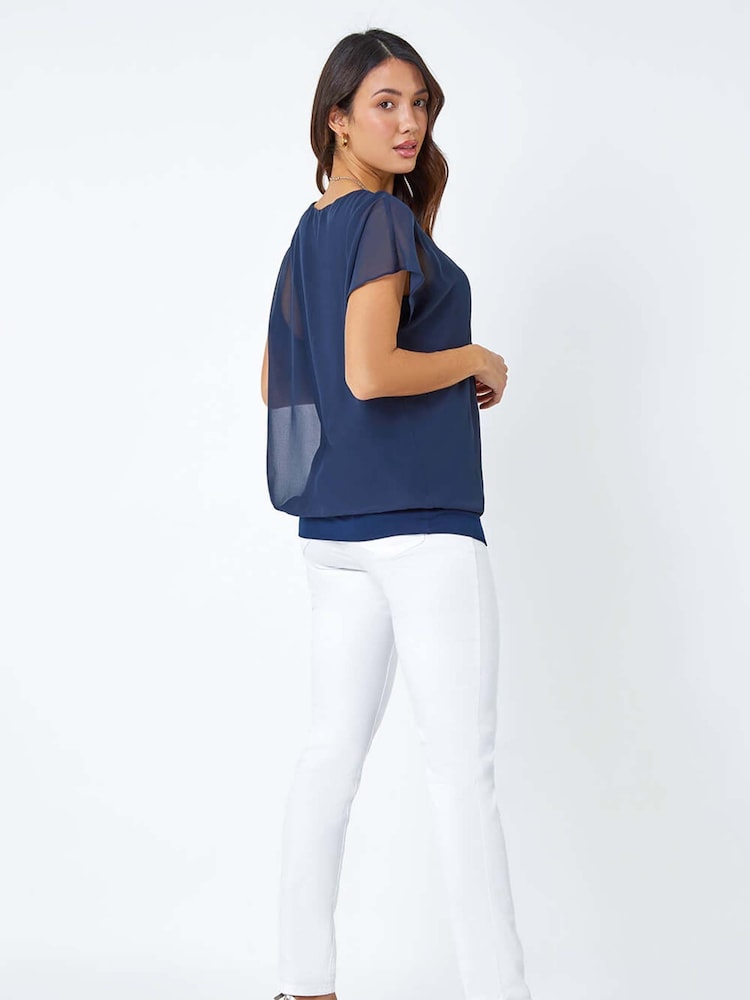Roman Navy Blue Chiffon Jersey Blouson Top with Necklace - Image 2 of 5