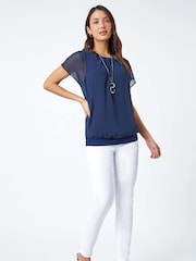 Roman Navy Blue Chiffon Jersey Blouson Top with Necklace - Image 3 of 5