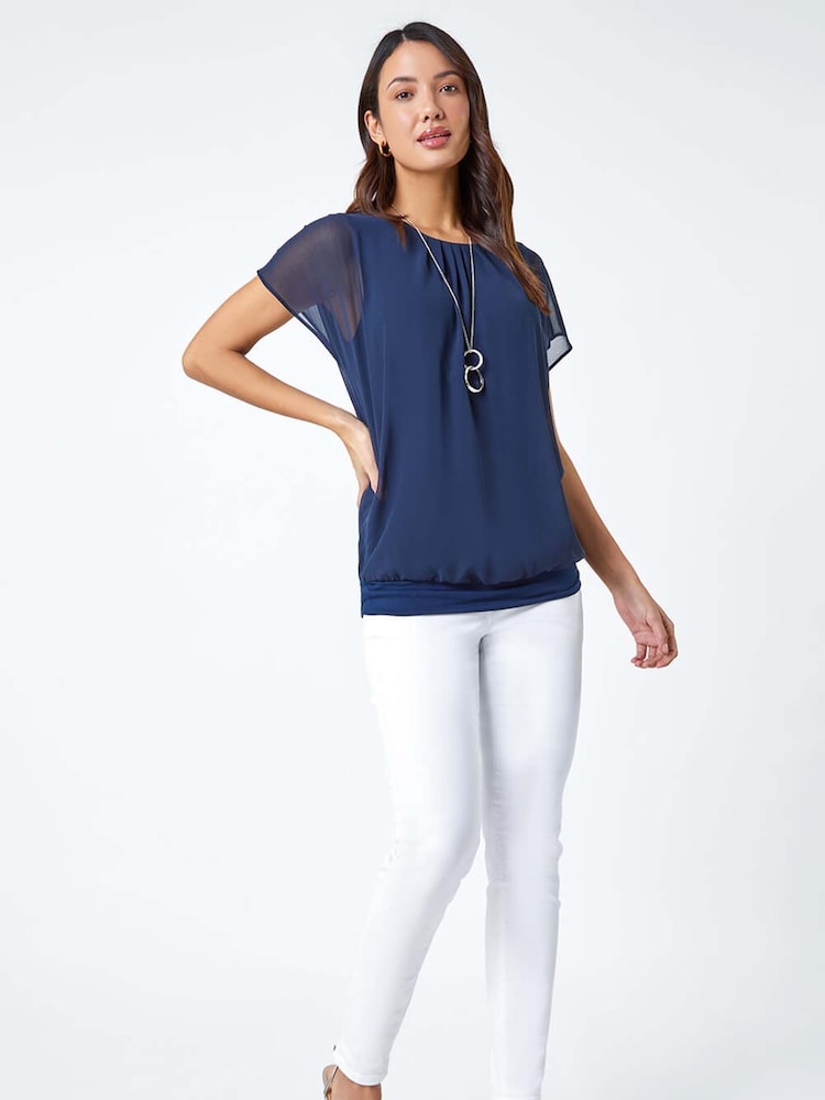 Roman Navy Blue Chiffon Jersey Blouson Top with Necklace - Image 3 of 5