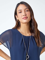 Roman Navy Blue Chiffon Jersey Blouson Top with Necklace - Image 4 of 5