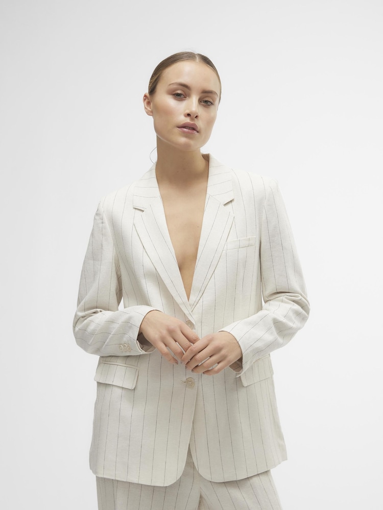 VERO MODA Cream Relaxed Linen Blend Stripe Blazer - Image 1 of 5