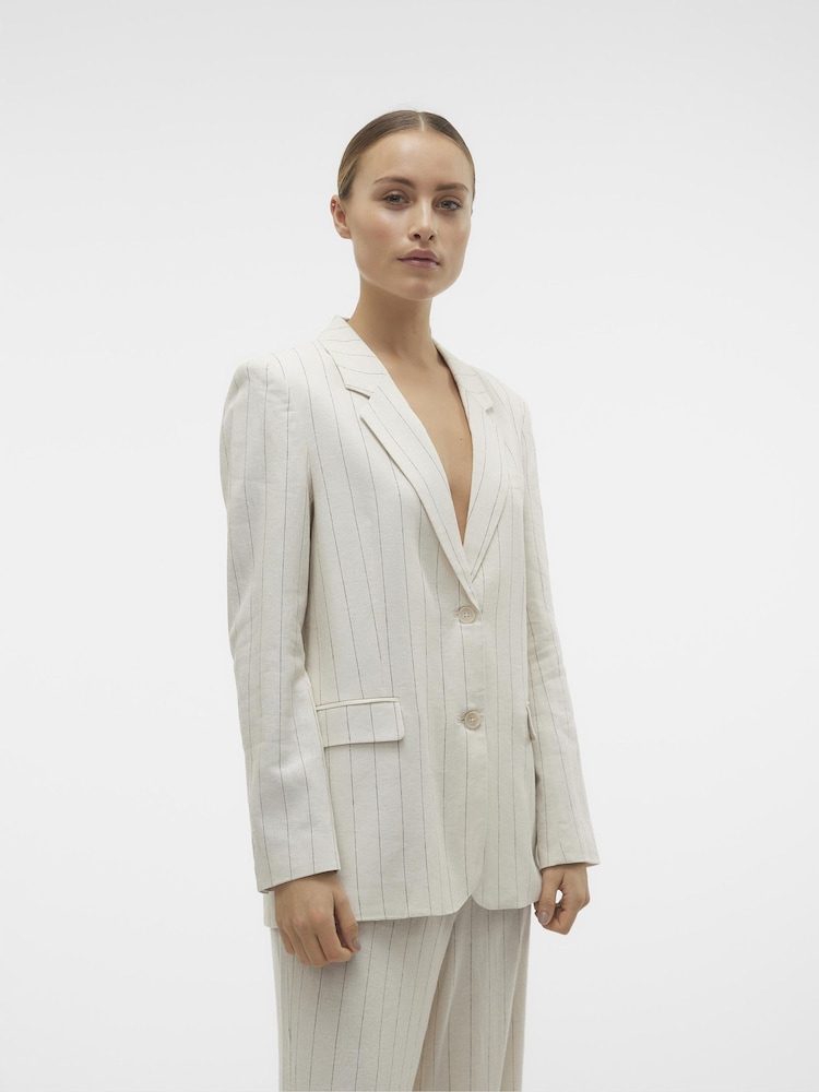 VERO MODA Cream Relaxed Linen Blend Stripe Blazer - Image 2 of 5