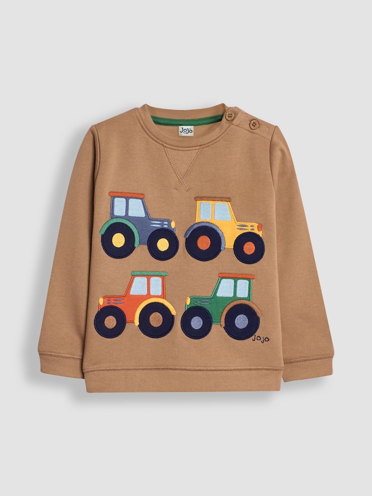 JoJo Maman Bébé Mocha Brown Tractor Appliqué Sweatshirt - Image 1 of 3