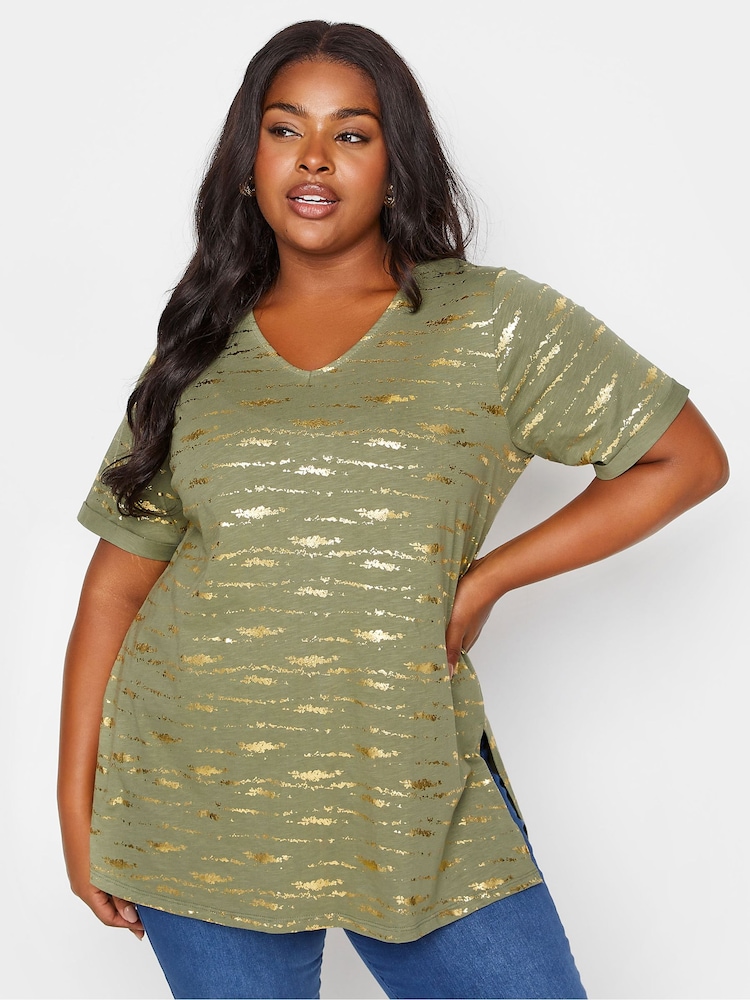 Yours Curve Green 100% Cotton Foil Print Top - Image 1 of 4 Yours Curve Green 100% Cotton Foil Print Top - Image 1 of 4