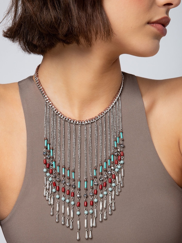 Aela Silver Tone Tassel Bead Collar Chain - Image 1 of 3