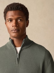 Green Texture Regular Fit 100% Cotton Premium Quarter Zip Jumper - Image 1 of 9