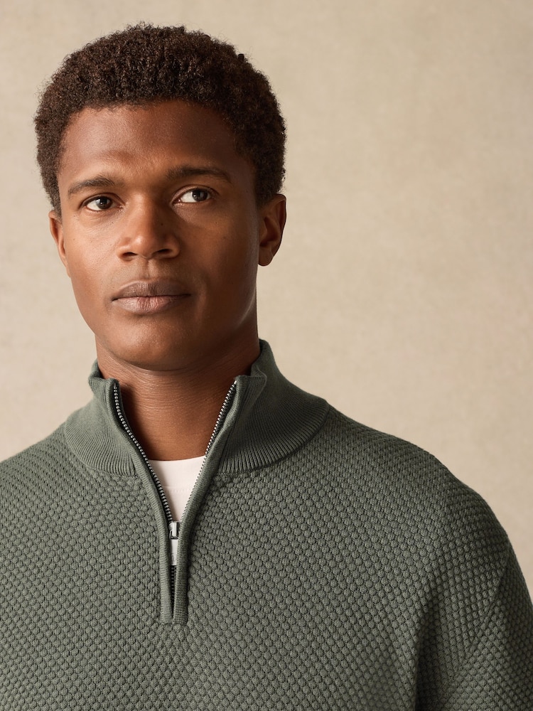 Green Texture Regular Fit 100% Cotton Premium Quarter Zip Jumper - Image 1 of 9