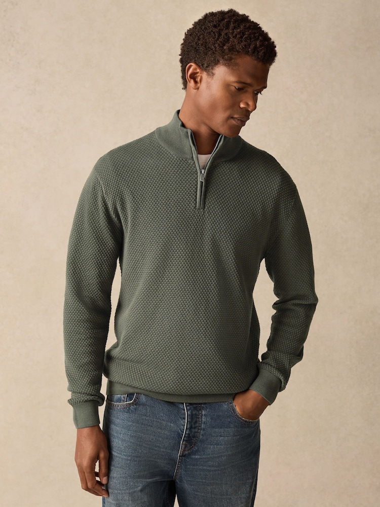Green Texture Regular Fit 100% Cotton Premium Quarter Zip Jumper - Image 2 of 9